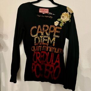 Johnny Was Women's Black Long Sleeve Top with Floral Embroidery in y2k style